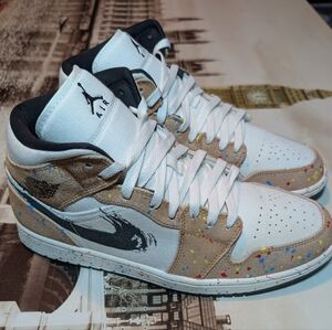 Air Jordan 1 Mid SE Brushstroke Pain Splatter Sneakers #DA8005-100 Men Size 11.5